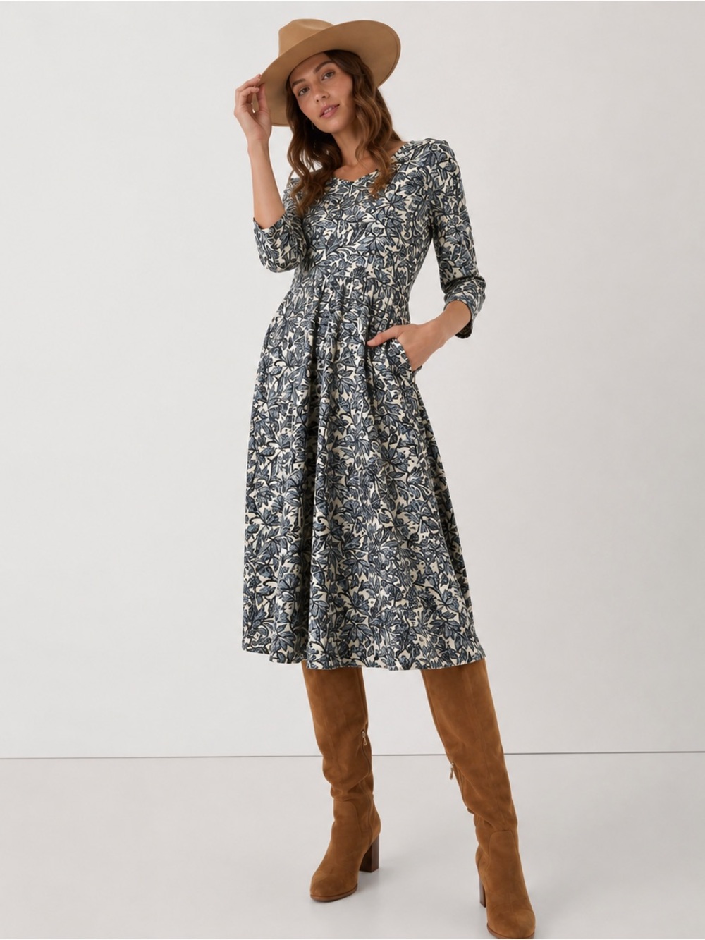 Pact Organic Cotton Midi Party Dress Floral Fit & Flare Blue White XL
